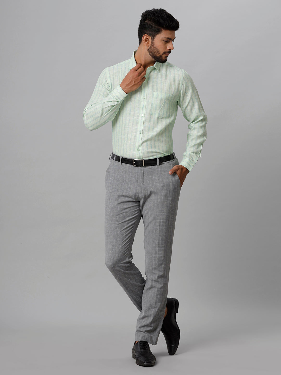 Mens Pure Linen Striped Full Sleeves Pista Green Shirt LS10-Full view