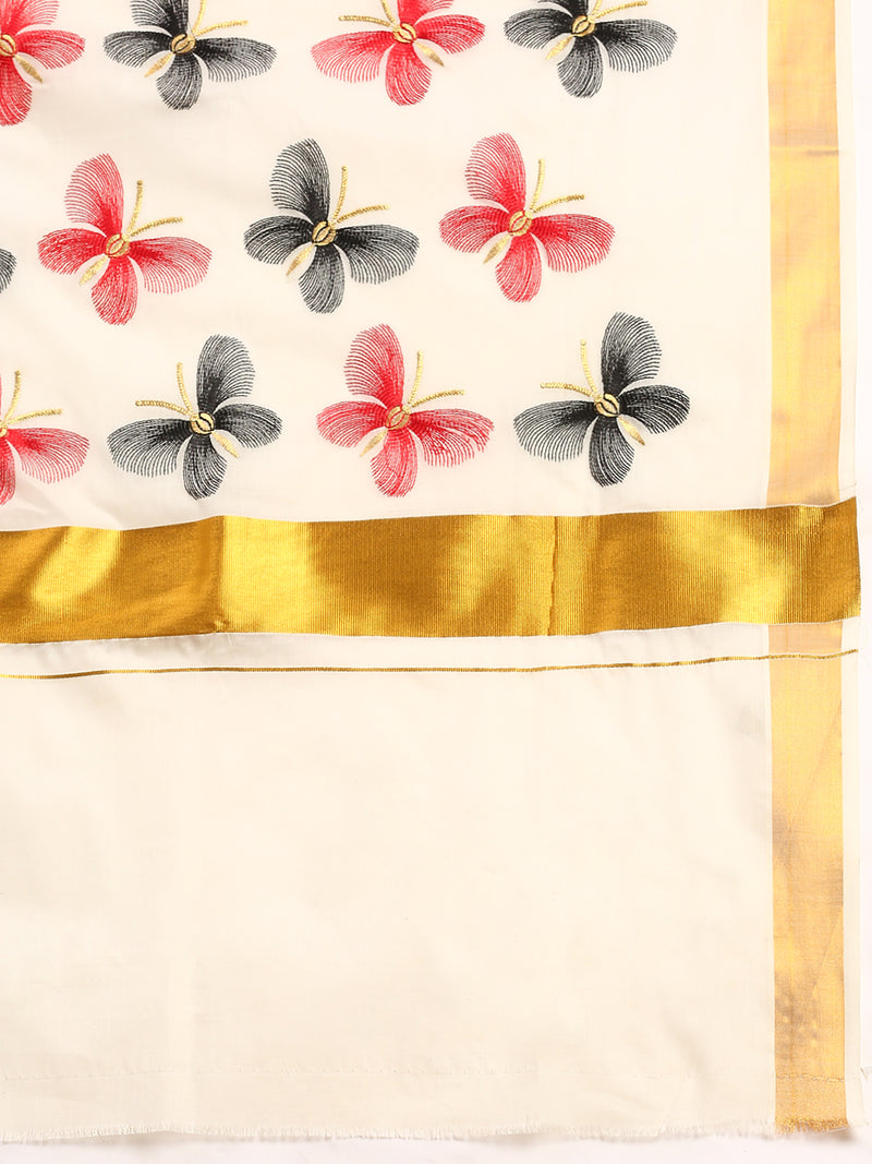 Kerala Cream Colorful Butterfly Embroidery Saree with Gold Zari Border KS83