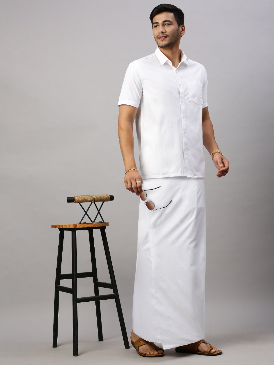 Men Formal White Shirt with Paramas Dhoti Combo