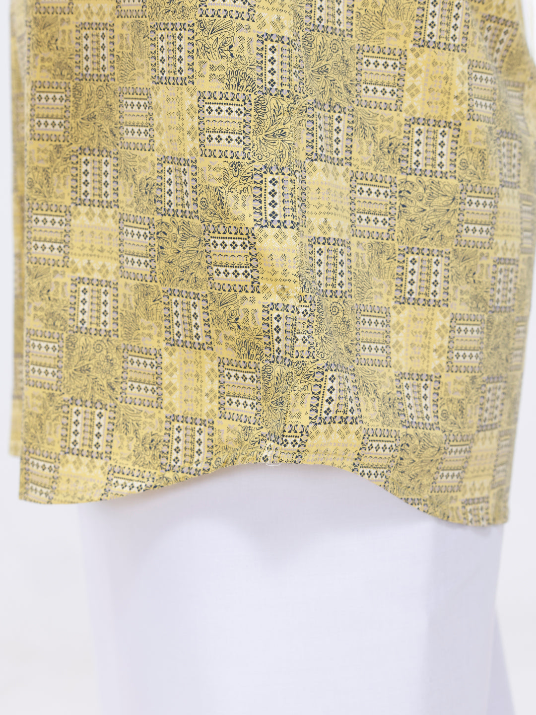 Men Golden Yellow Matching Border Dhoti With Printed Shirt Set Fusion PS14