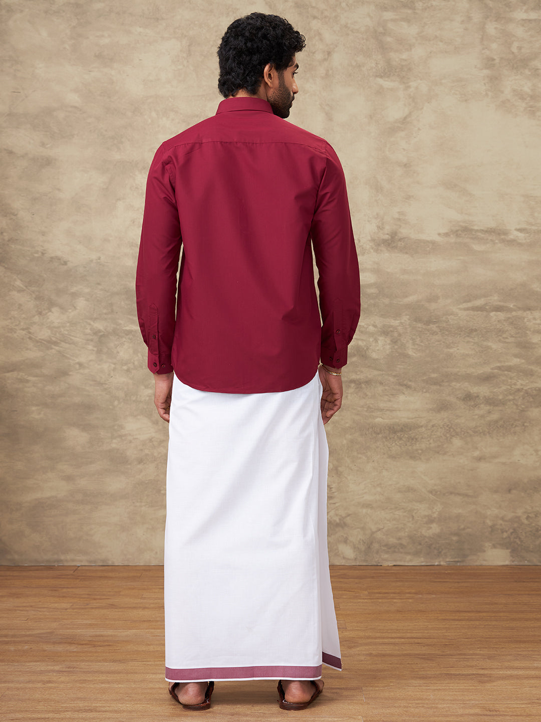 Men Dark Burgundy Shirt With Matching Border Dhoti Set Trendy