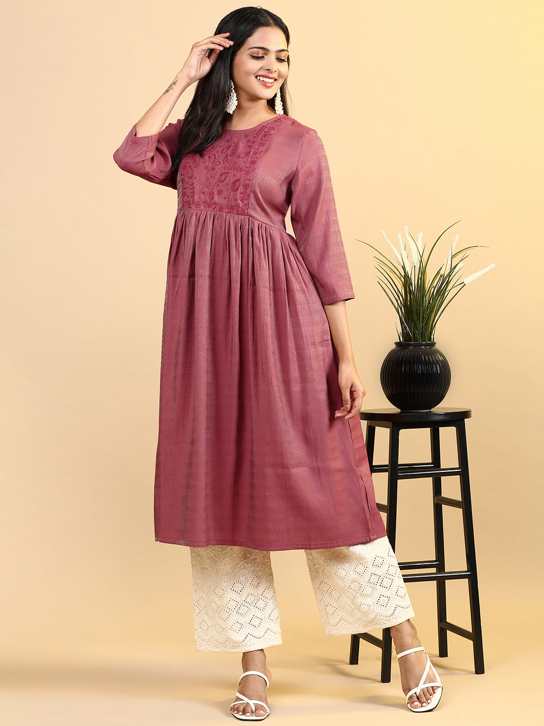 Women Cotton Embroidered Round Neck Kurti Maroon EKS14