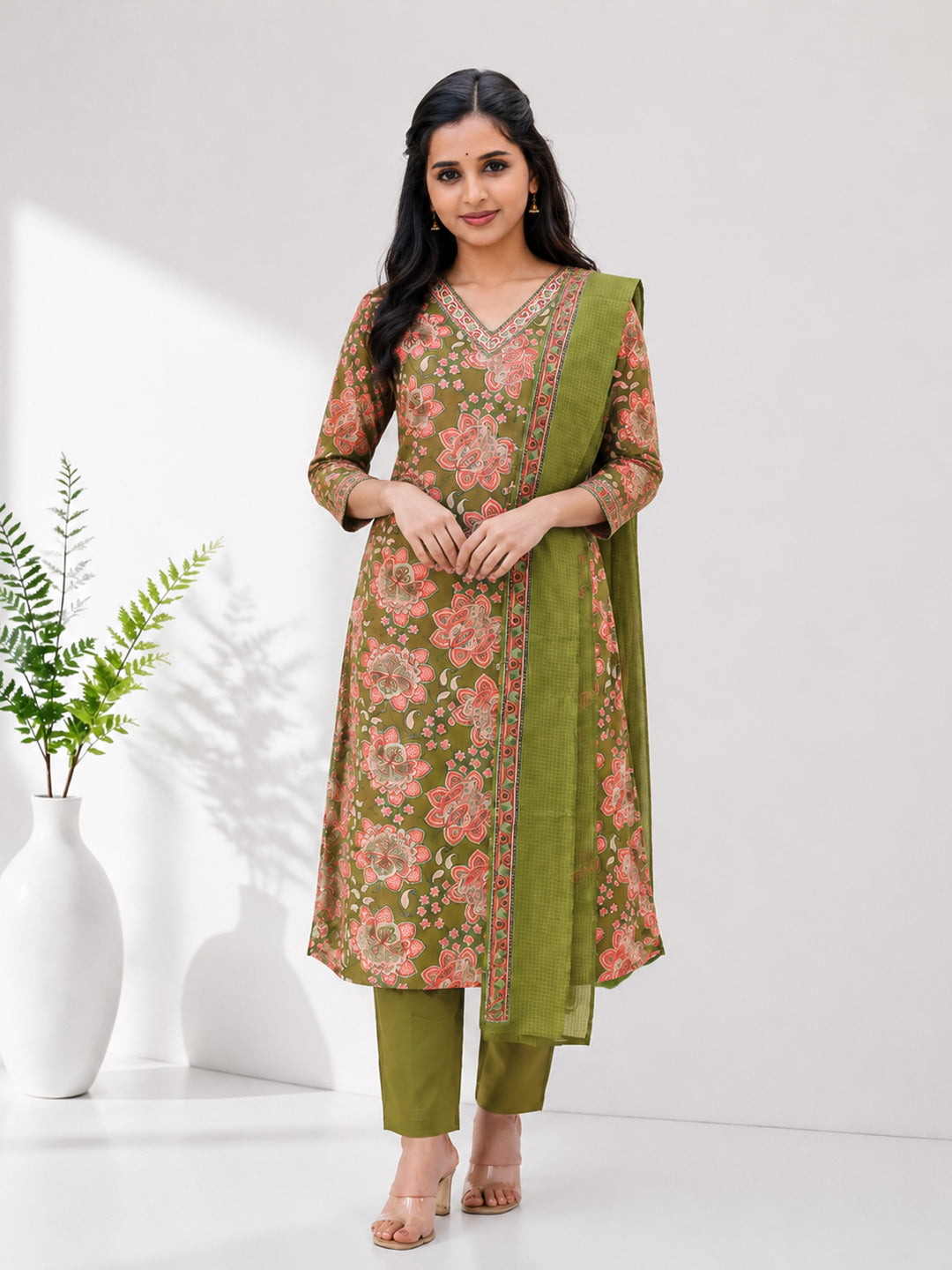 Women Embroidered Lime Green Kurti Set EKS144