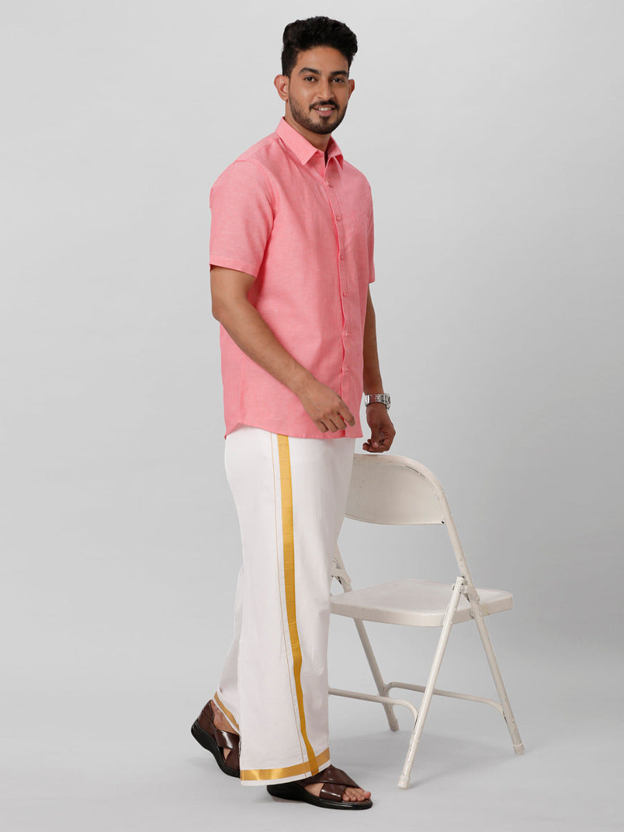 Mens Linen Cotton Formal Light Pink Half Sleeves Shirt LF2-Full view