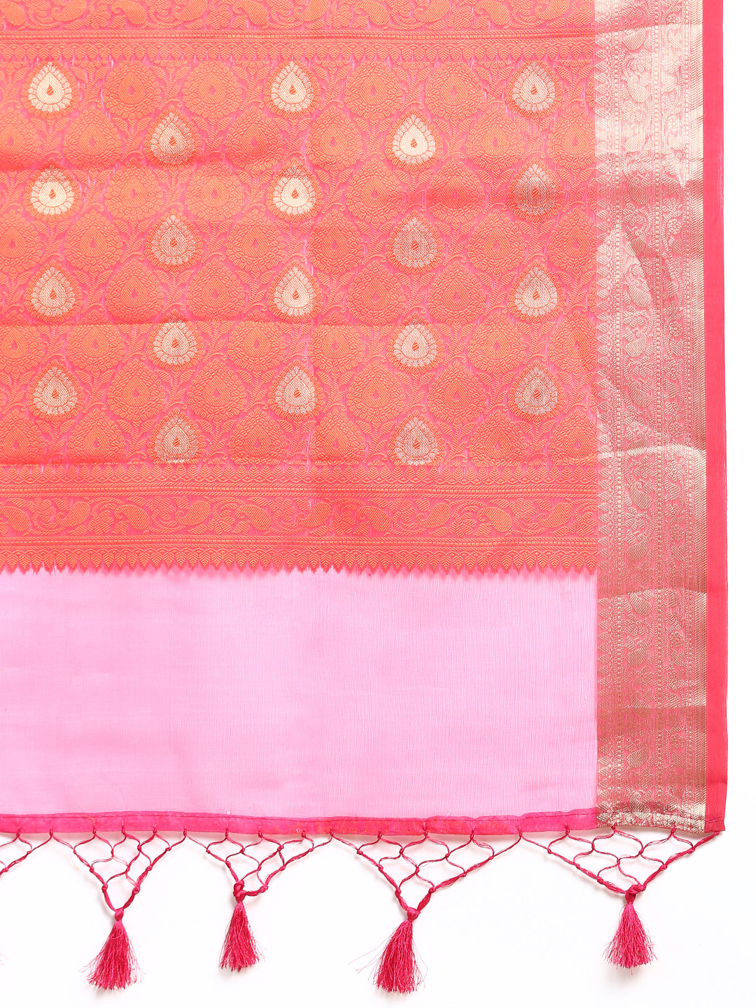 Semi Kora Cotton Allover Design Saree Dark Pink & Orange with Zari Border SKCW02-Zari view