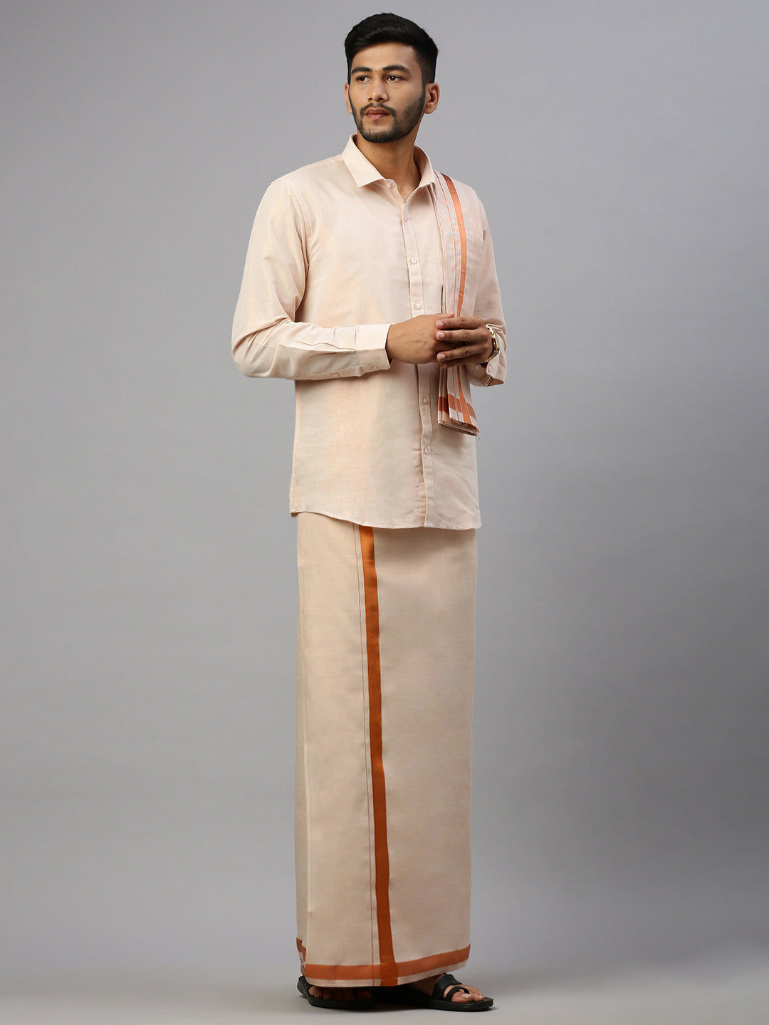 Men Tissue Copper Full Sleeve Shirt Jari Dhoti & Towel Set