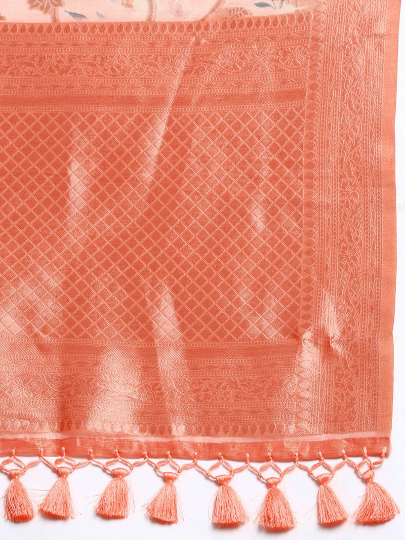 Womens Semi Orange  & Light Sandal Flower Printed Embroidery Saree SLPE07