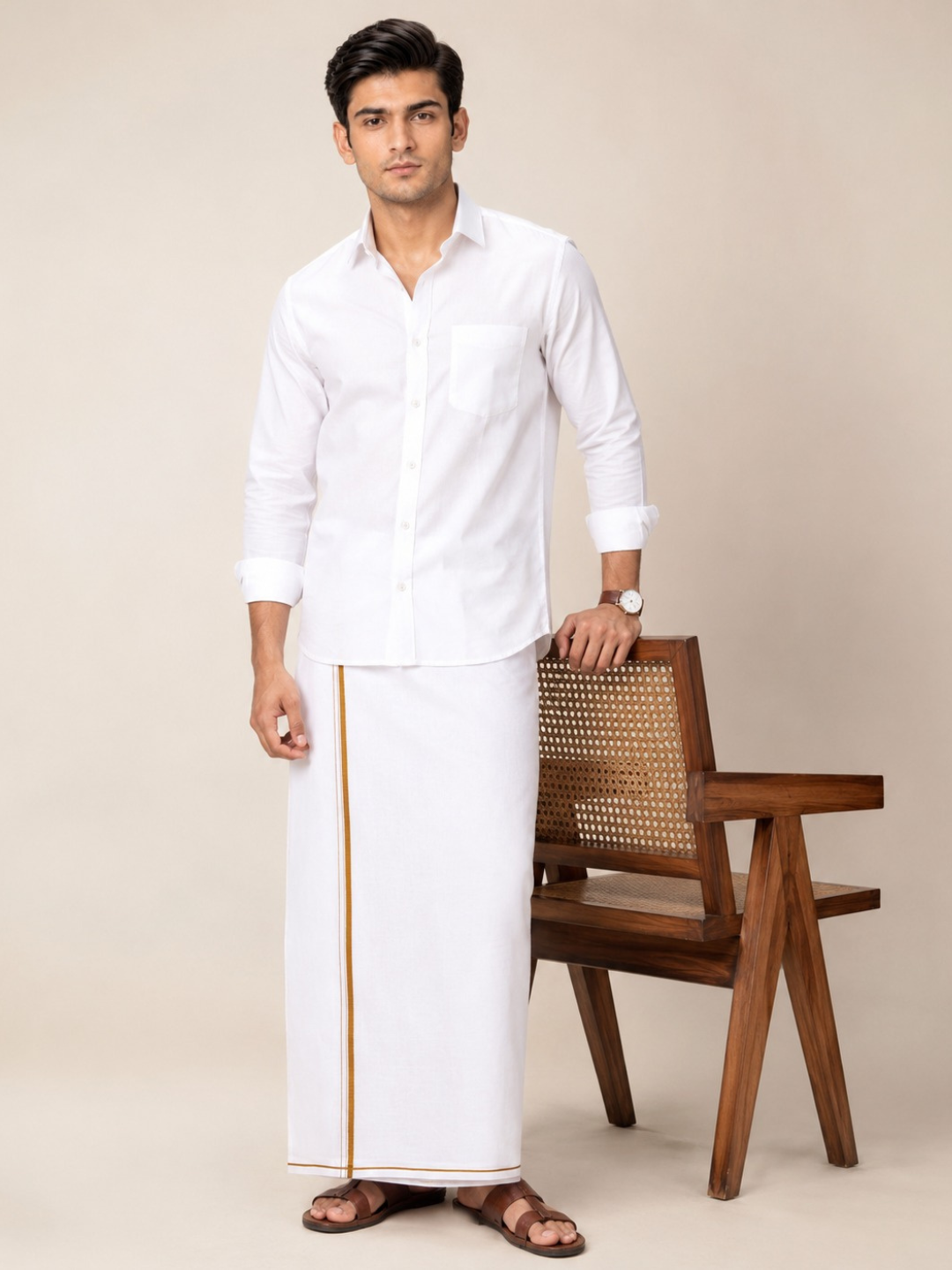 Double Layer 100% Cotton White Dhoti with Small Border - Glaxo SPL GS02