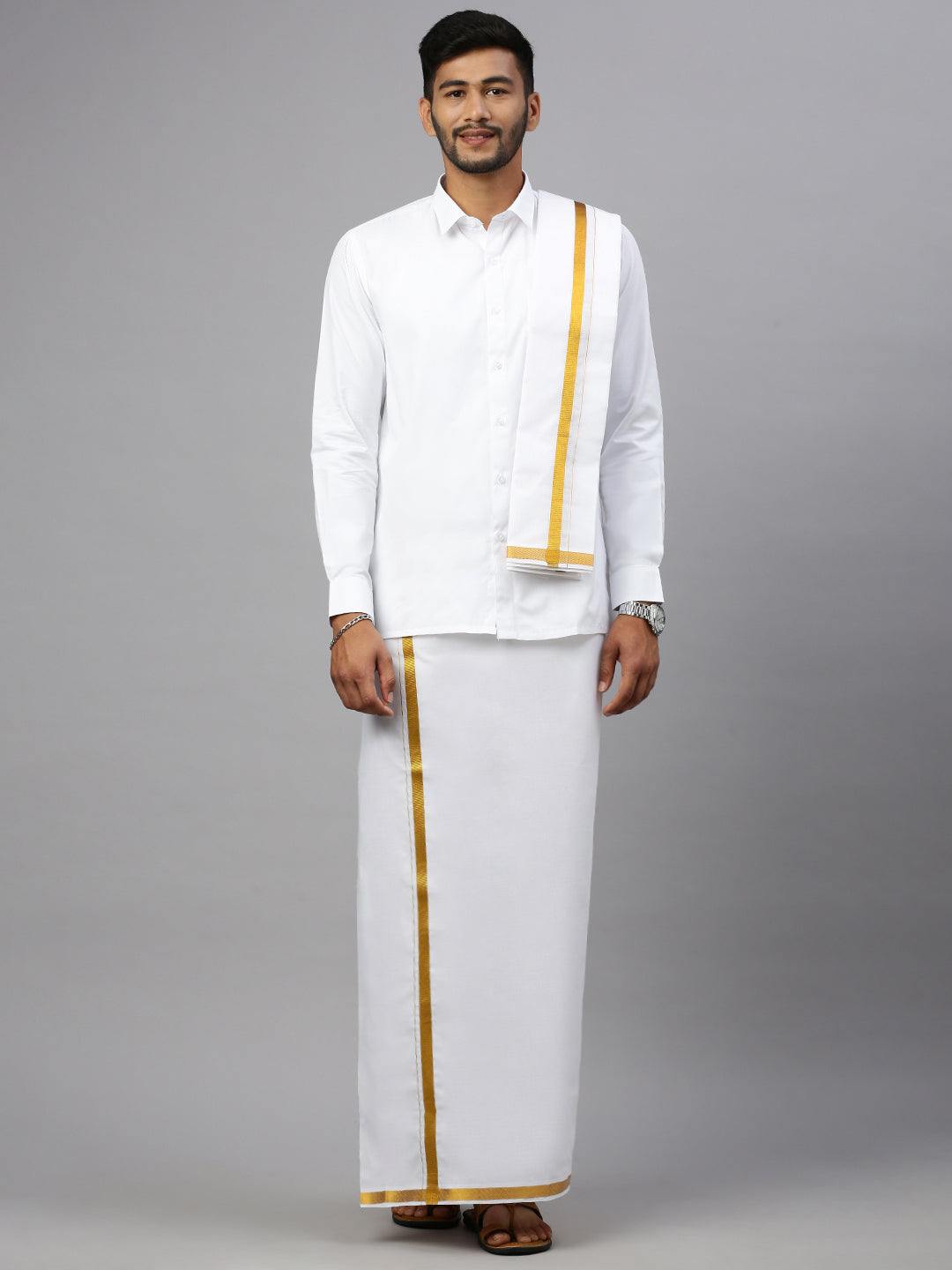 Mens Wedding White Regular Dhoti, Shirt & Towel Set Subhakalyan 1"
