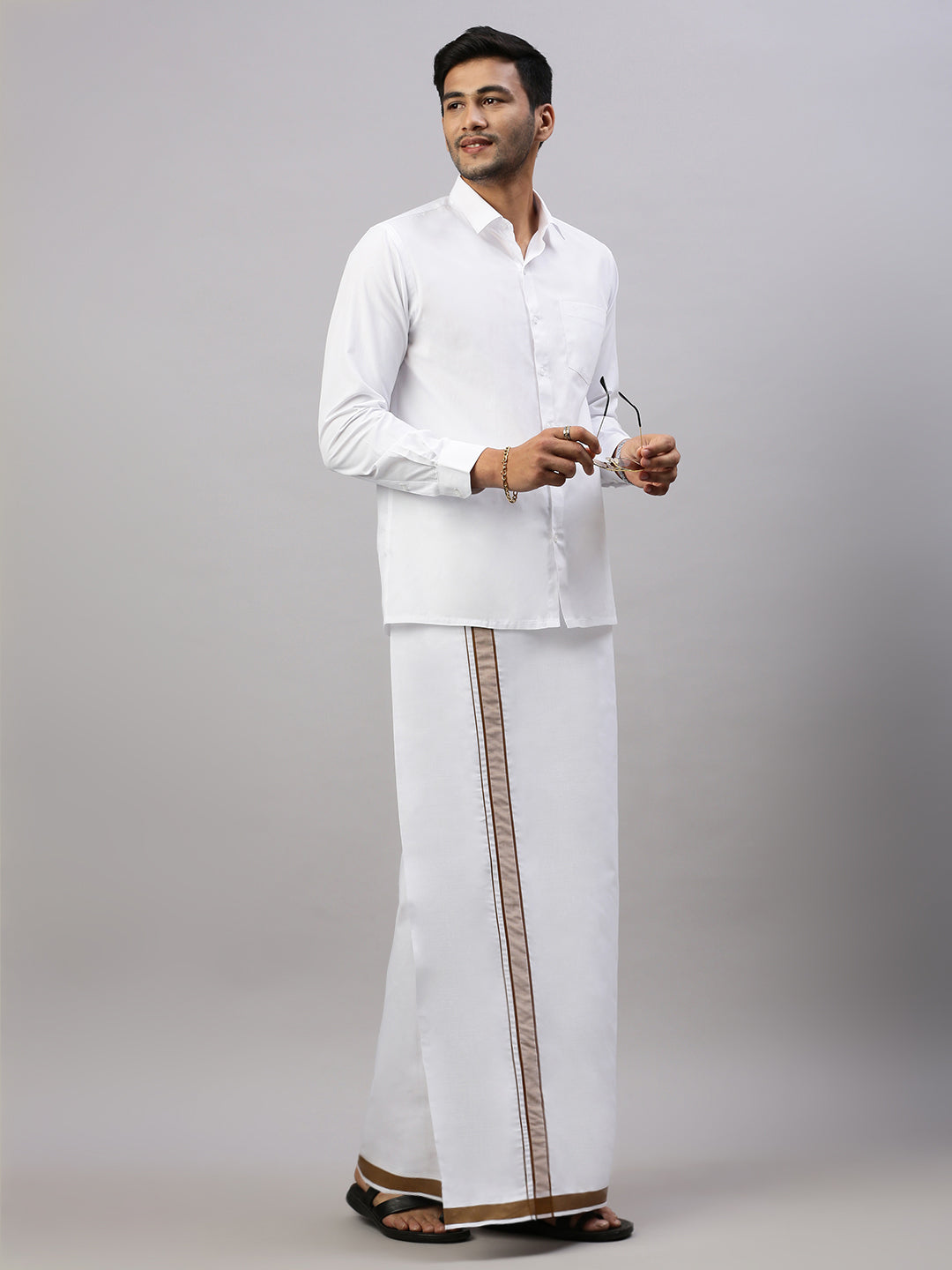 Mens Prestigious Look Cotton Single Dhoti with Brown Fancy Border - Winner Plain