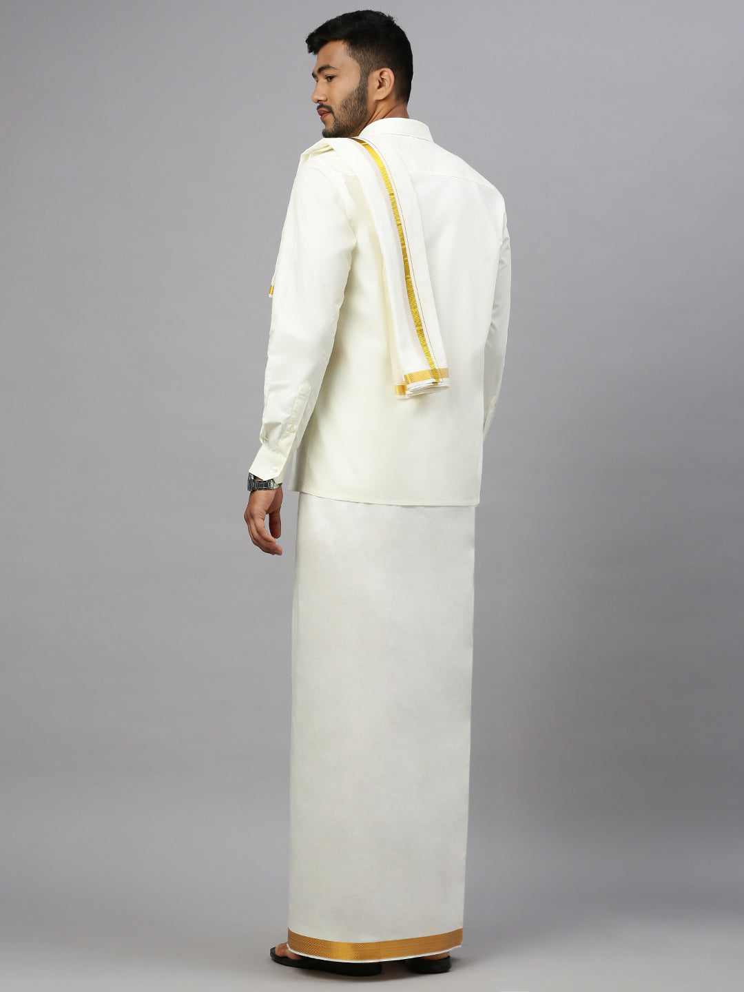 Men Cream with 1 1/2" inch Gold Jari Border Dhoti Shirt & Towel Set