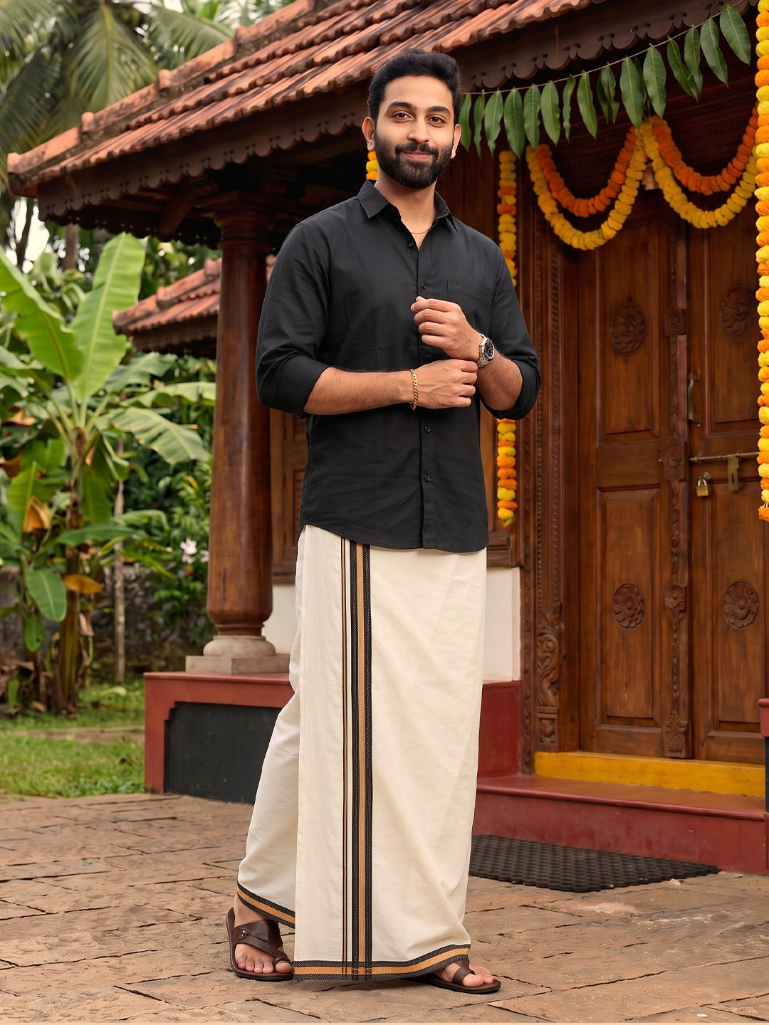 Double Layer 100% Cotton Cream Kora Dhoti with Colour Jari Border - RKF02