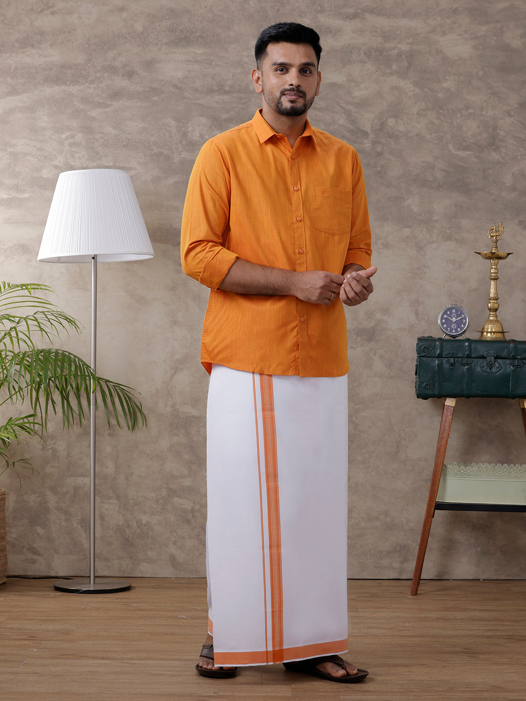 Mens Orange Matching Border Dhoti & Full Sleeves Shirt Set Evolution IC1