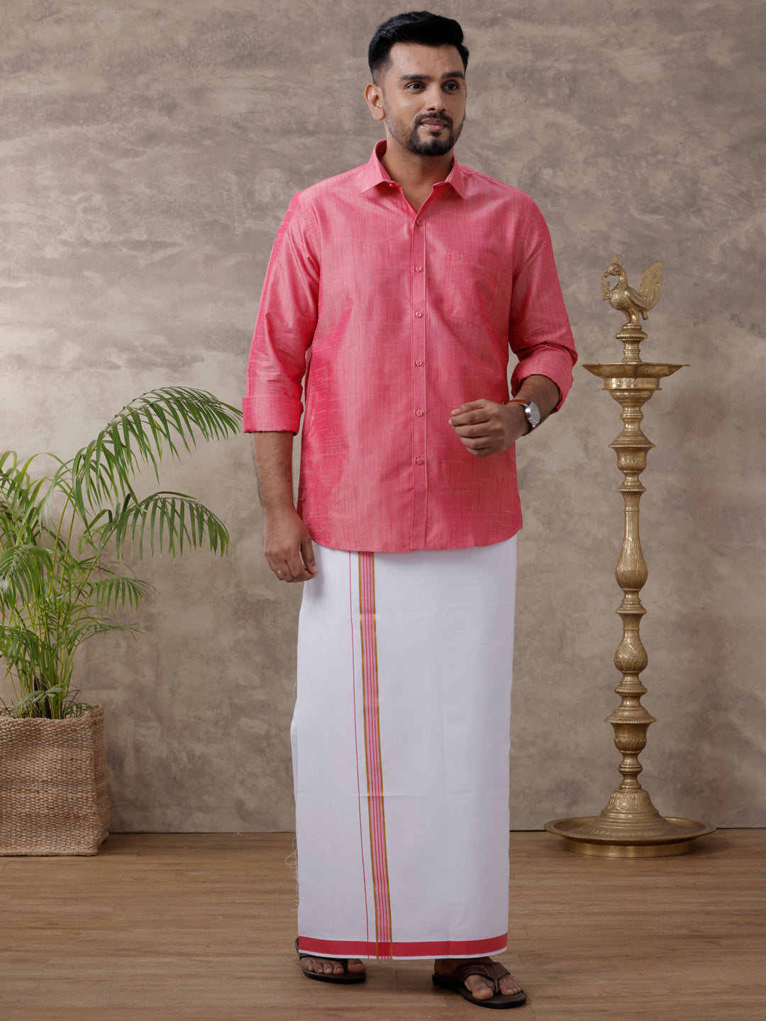 Men Matching Jari Border Dhoti & Full Sleeves Shirt Set Pink VB3