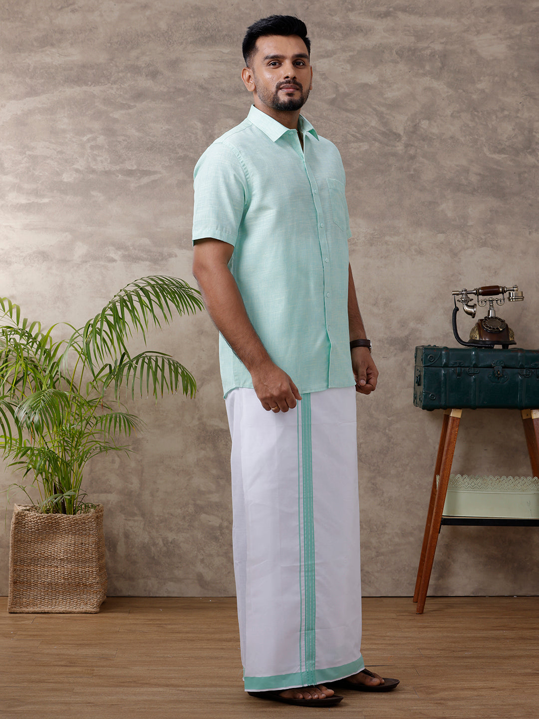 Men Matching Border Dhoti & Shirt Set Half Light Pista Green C83