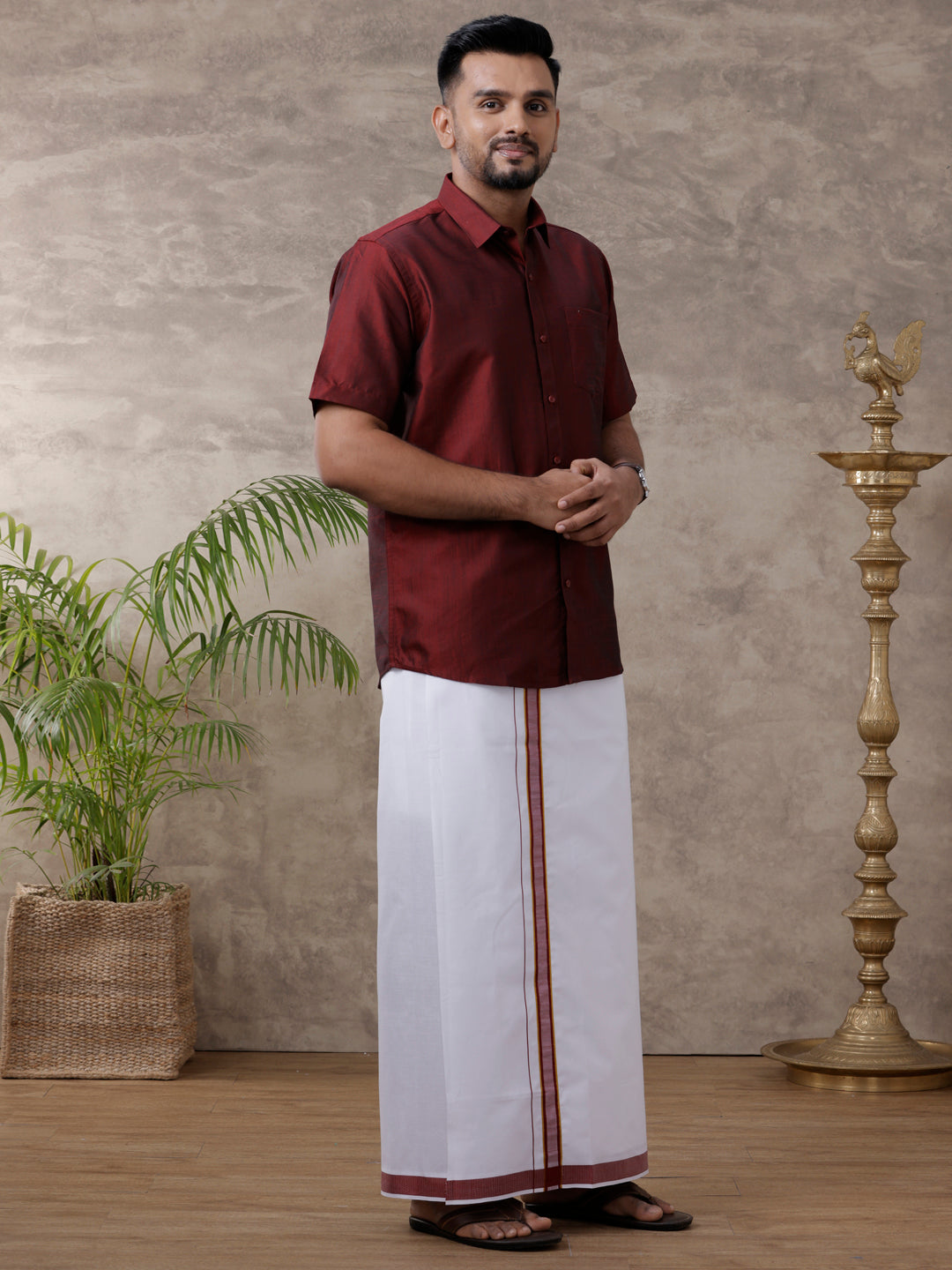 Men Matching Jari Border Dhoti & Half Sleeves Shirt Set Maroon VB7