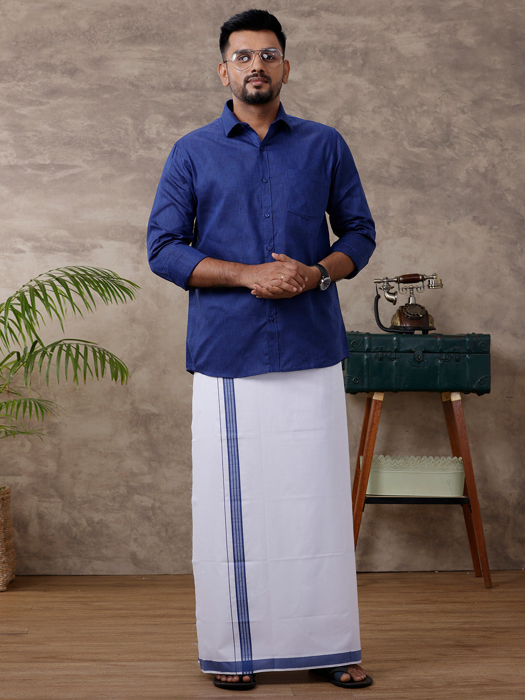 Men Readymade Adjustable Dhoti with Matching Shirt Full Blue C80