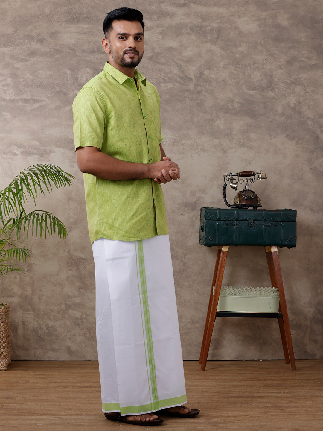 Mens Matching Border Dhoti & Shirt Set Half Green C82