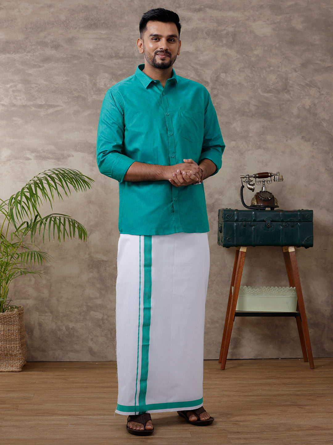 Mens Matching Border Dhoti & Shirt Set Full Green C36