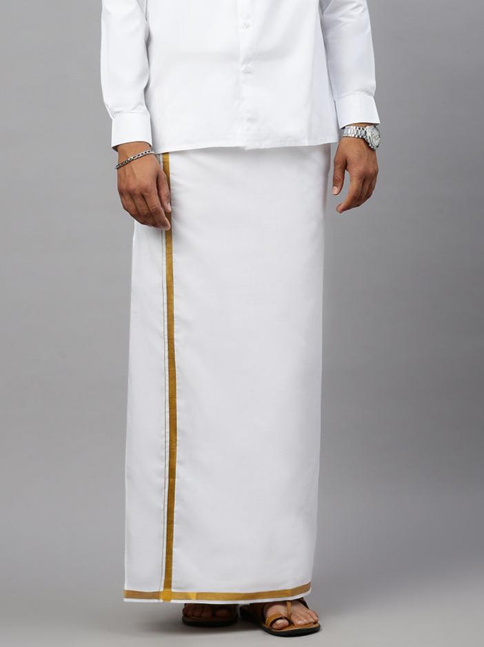 Men White with Gold Jari 3/4"  Double Layer Dhoti Goldsmith