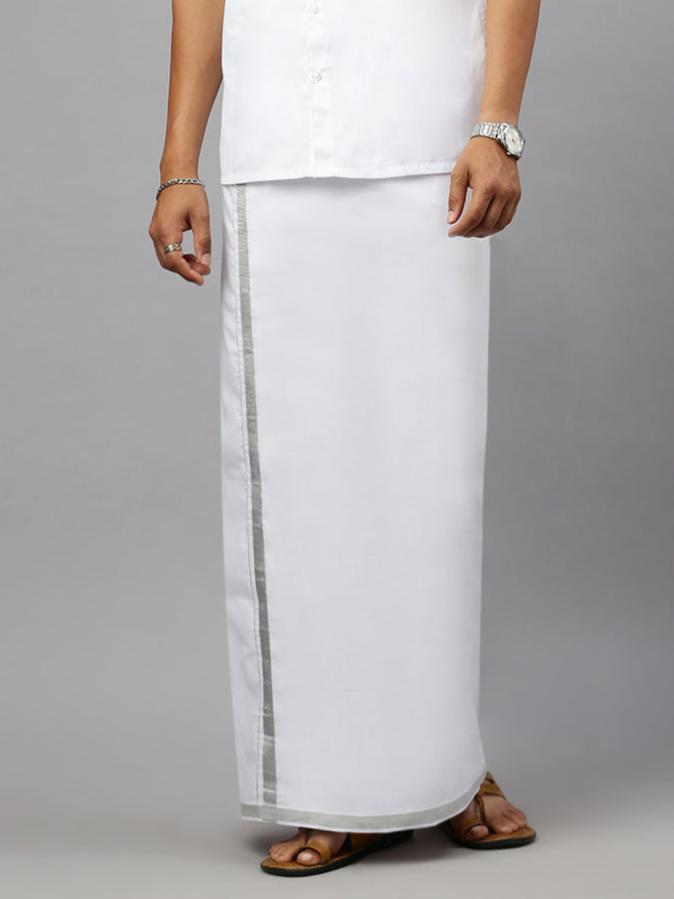 Men White with 1" Silver Jari Border Double Layer Dhoti Silver Heart