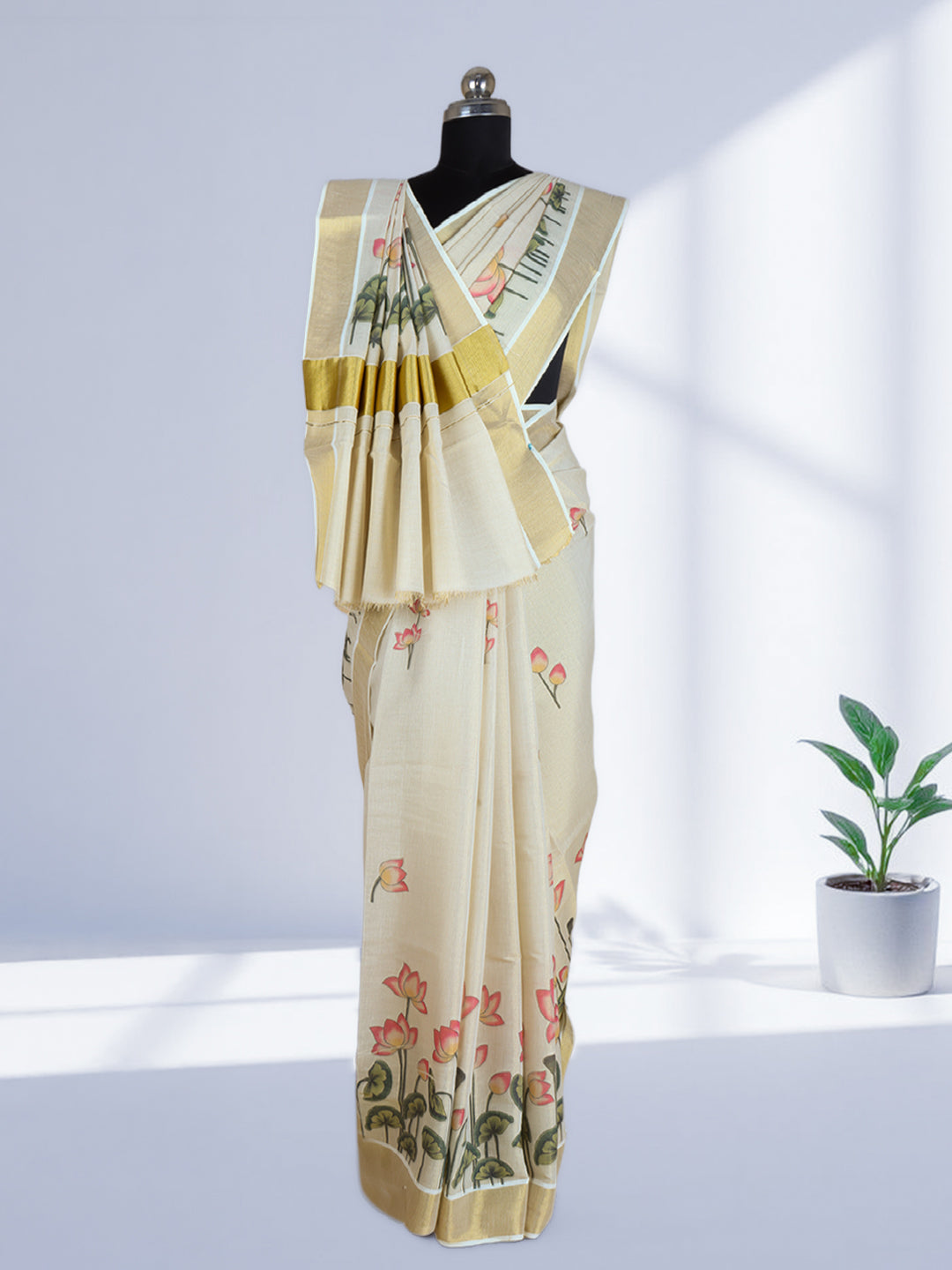 Women Kerala Tissue Gold with Lotus Designed Saree KS209