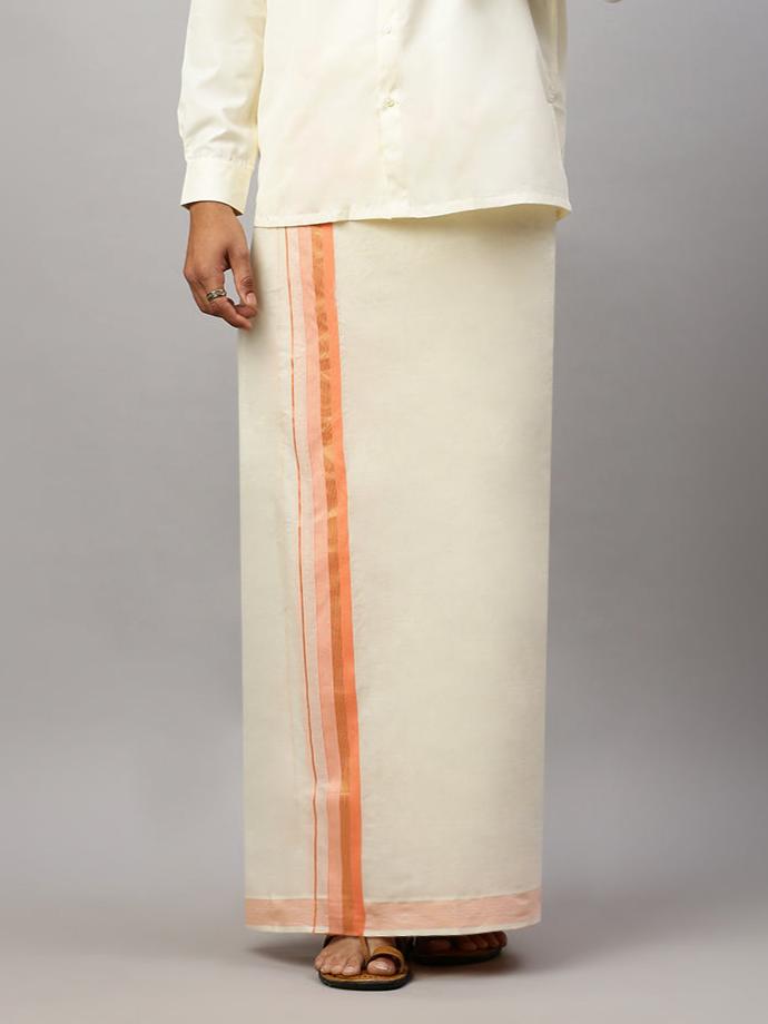 Men Orange Jari Fancy Border Kora Dhoti - EGJ05