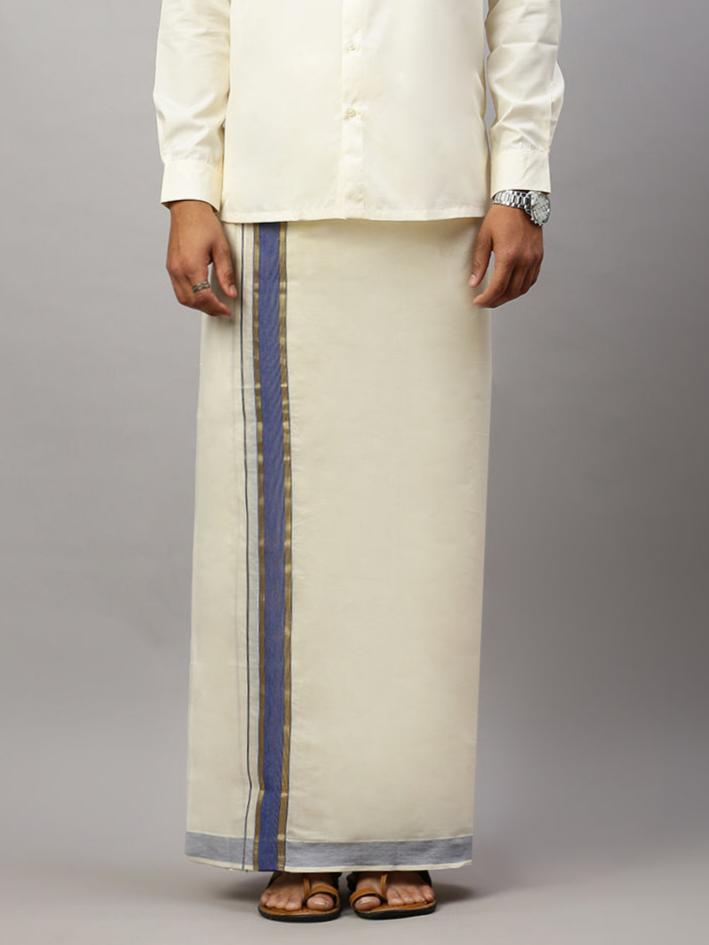 Men Blue Jari Fancy Border Kora Dhoti - EGJ09