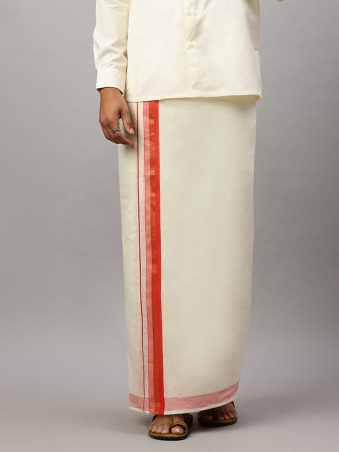 Men Red Jari Fancy Border Kora Dhoti - EGJ01