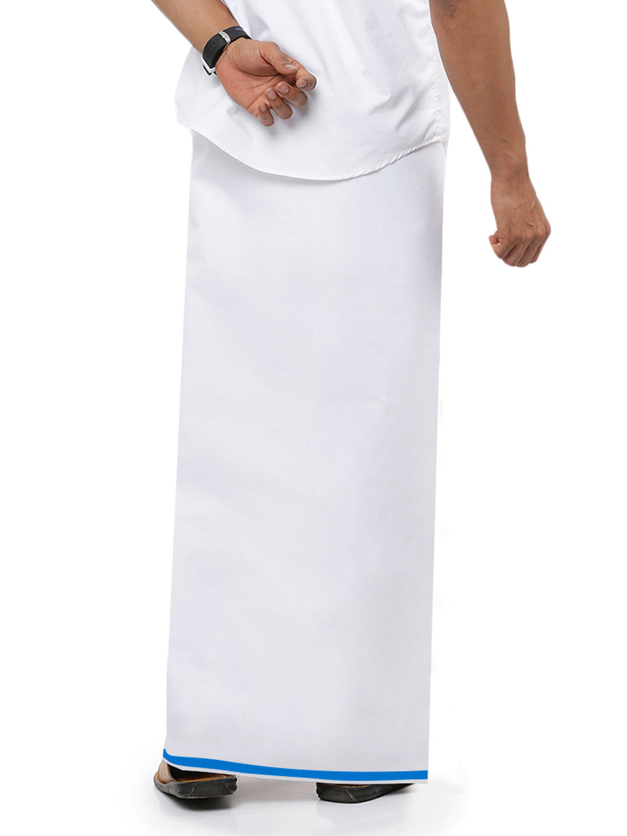 Mens White Single Dhoti with Blue Small Border Akill-Back view
