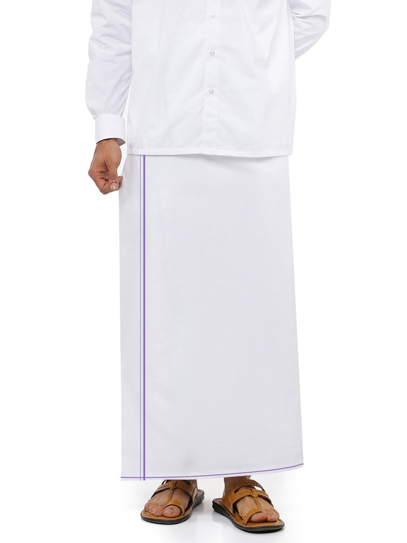 Mens 100% Cotton White Single Dhoti with Purple Small Border Ice Gold