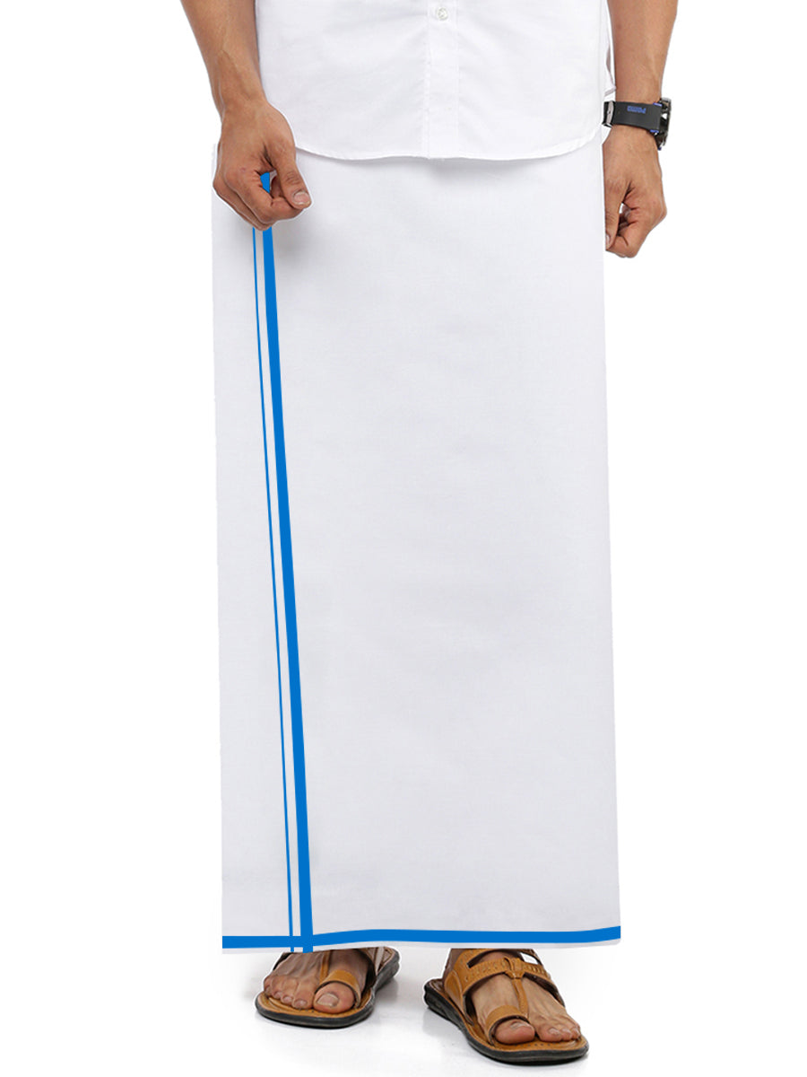 Mens White Single Dhoti with Blue Small Border Akill