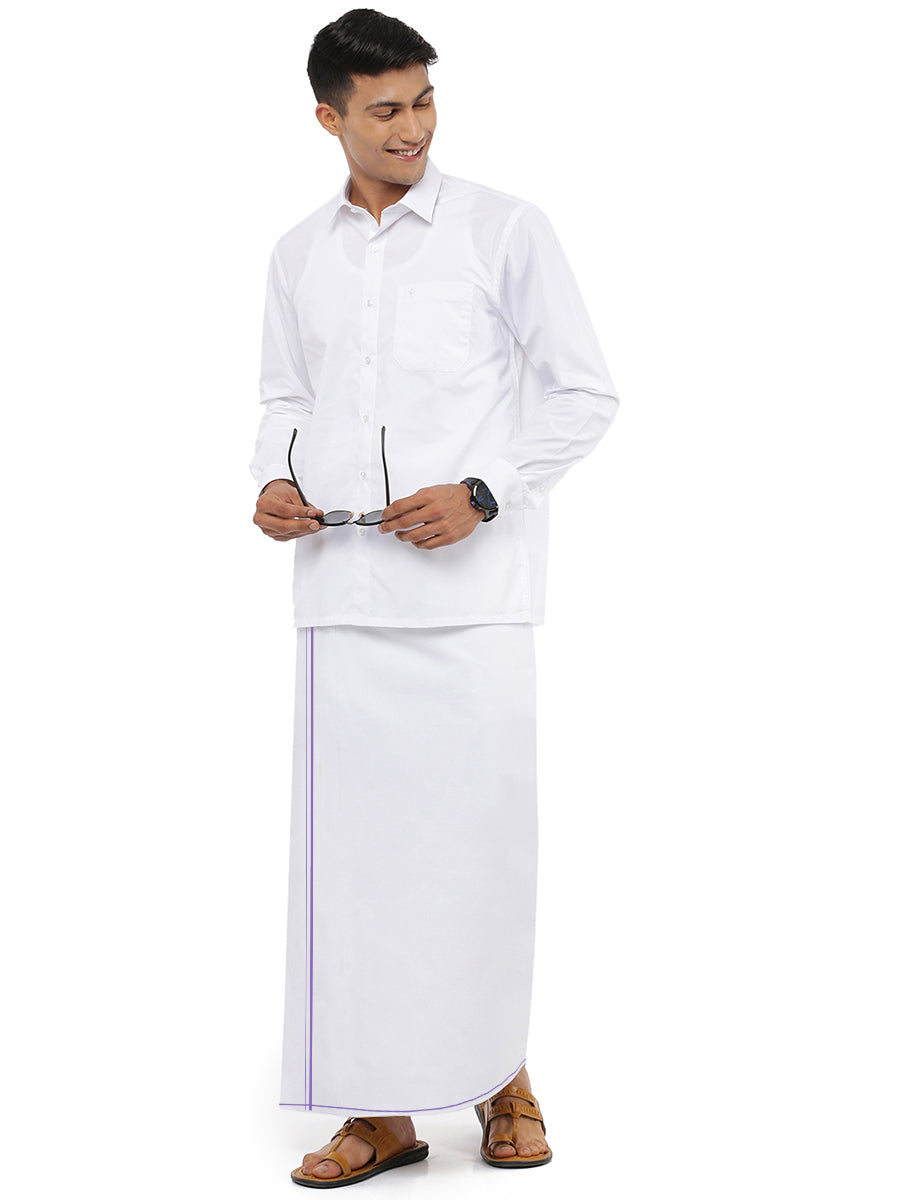 Mens 100% Cotton White Single Dhoti with Purple Small Border Ice Gold-Full view