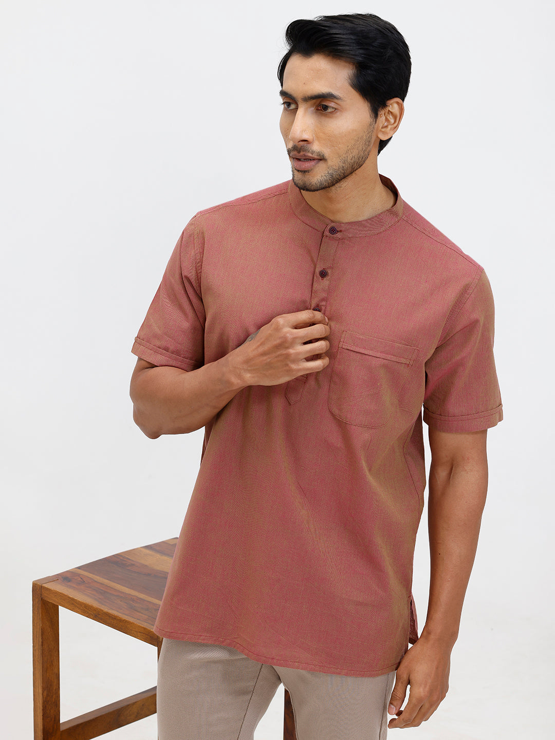 Men Cotton Short Length Plain Pocket Kurta Greenish Pink PC25