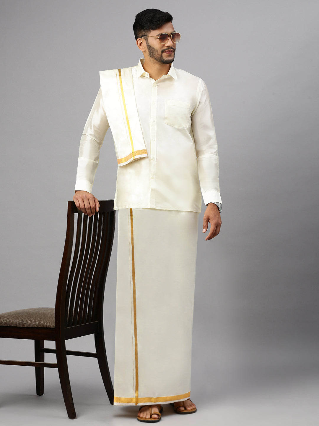 Mens Cream Art Silk Full Sleeves Shirt, Readymade Double Dhoti & Towel Combo