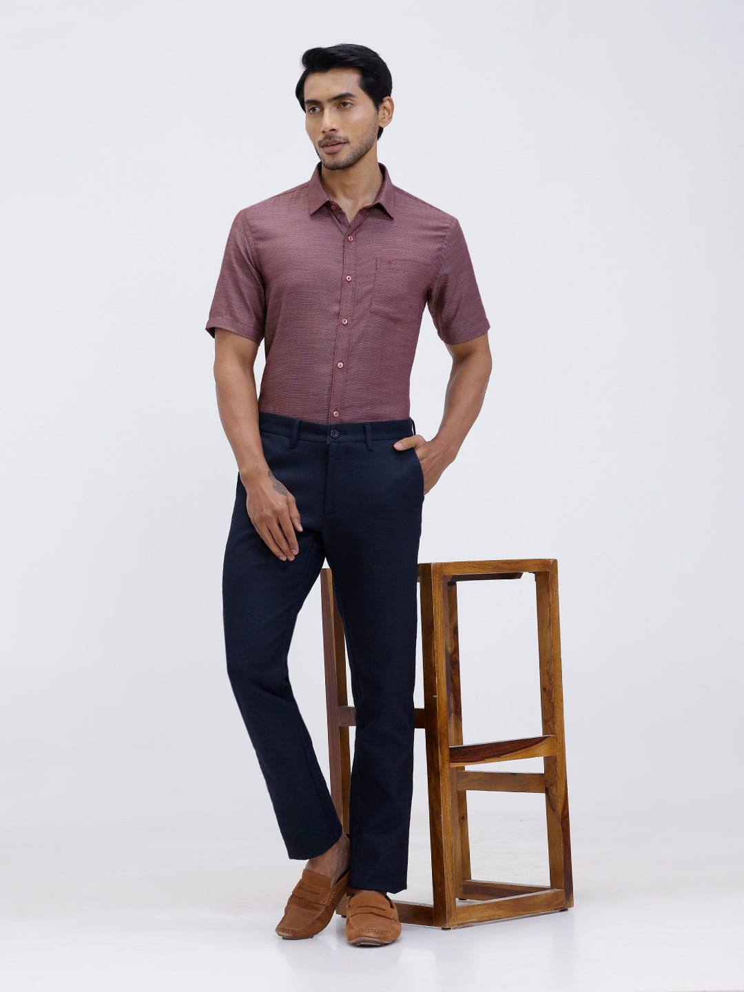 Men Cotton Rich Half Sleeve Shirt Maroon Red Dobby T59 AIT2