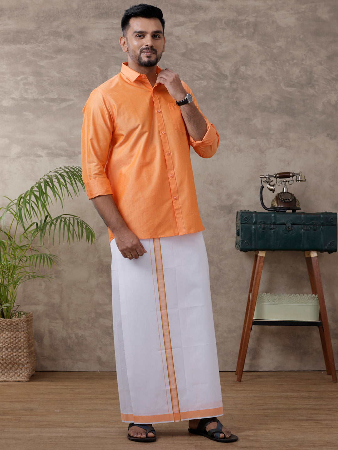 Men Matching Jari Border Dhoti & Full Sleeves Shirt Set Orange VB4