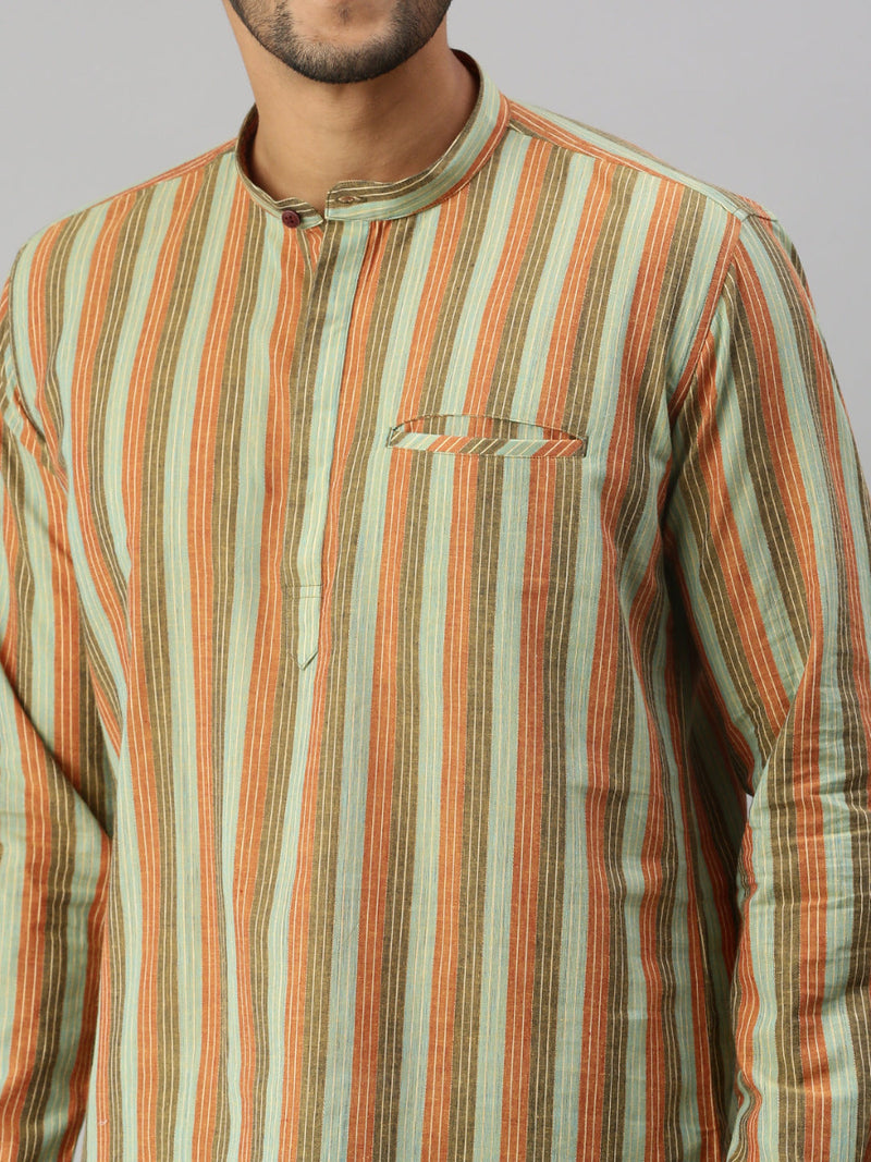 Mens Full Sleeves Striped Short Length Pocket Kurta J29