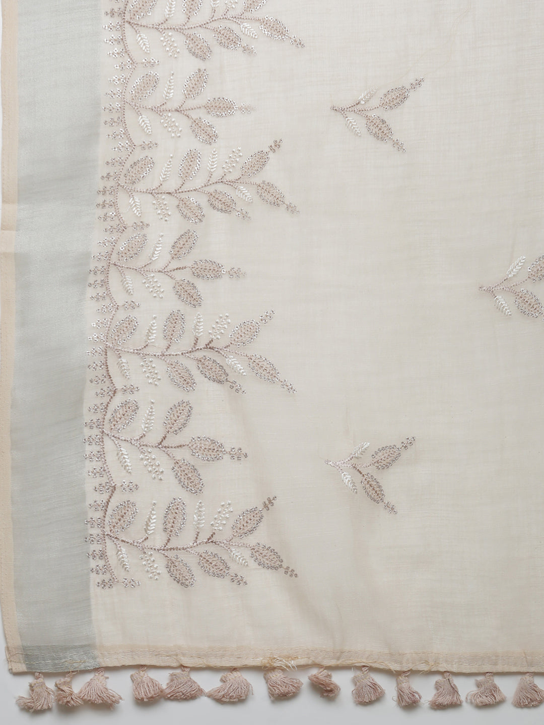 Women Light Beige Semi Linen Embroidered Saree SL244