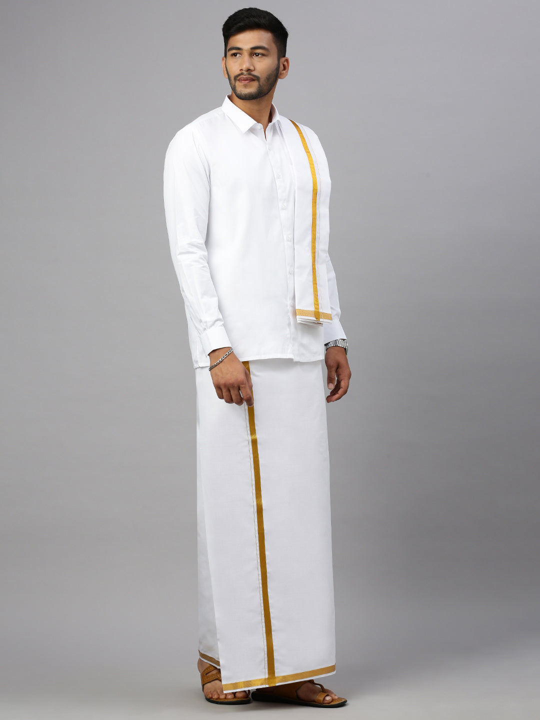 Mens Wrinkle Free White Shirt with 3/4'' inch Gold Border Jari Double Layer Dhoti & Towel Combo