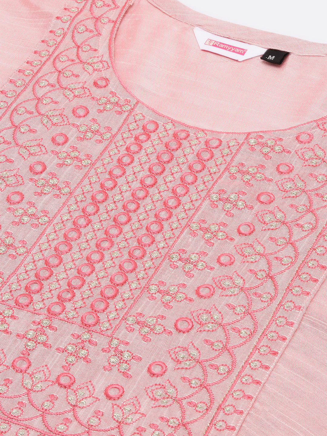 Women Cotton Embroidered Round Neck Straight Cut Pink Kurti EK42