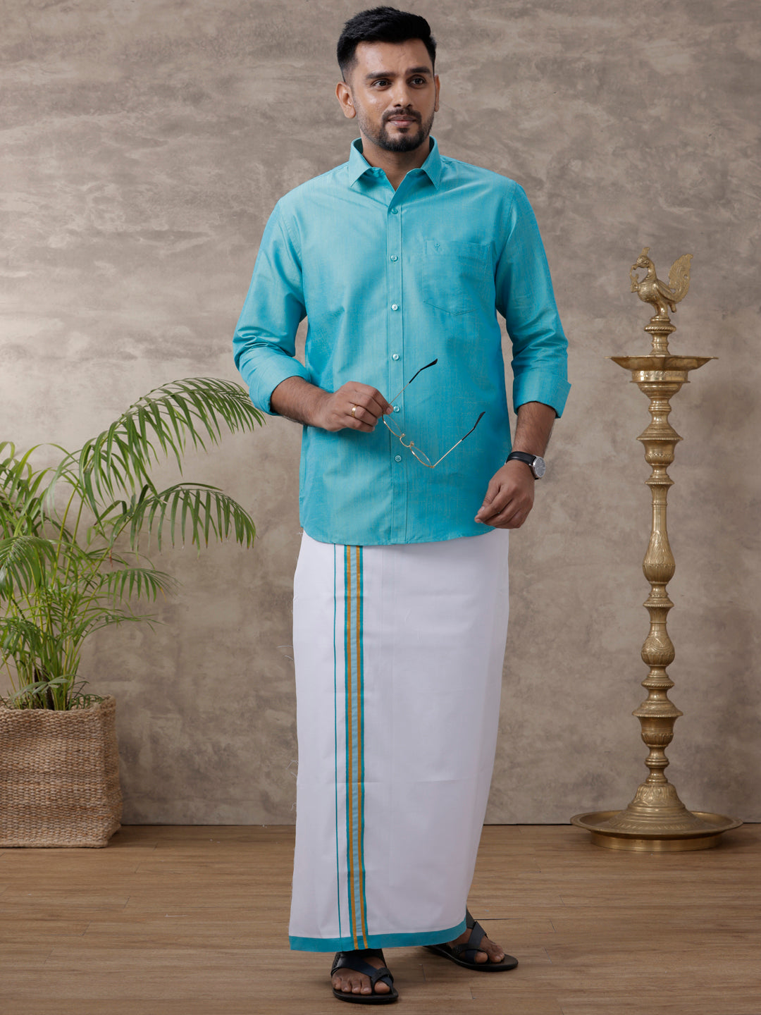 Men Matching Jari Border Dhoti & Full Sleeves Shirt Set Blue VB8