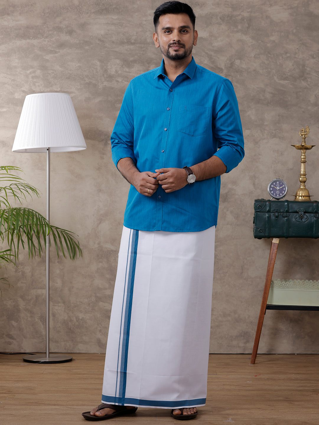 Mens Blue Matching Border Dhoti & Full Sleeves Shirt Set Evolution IC4