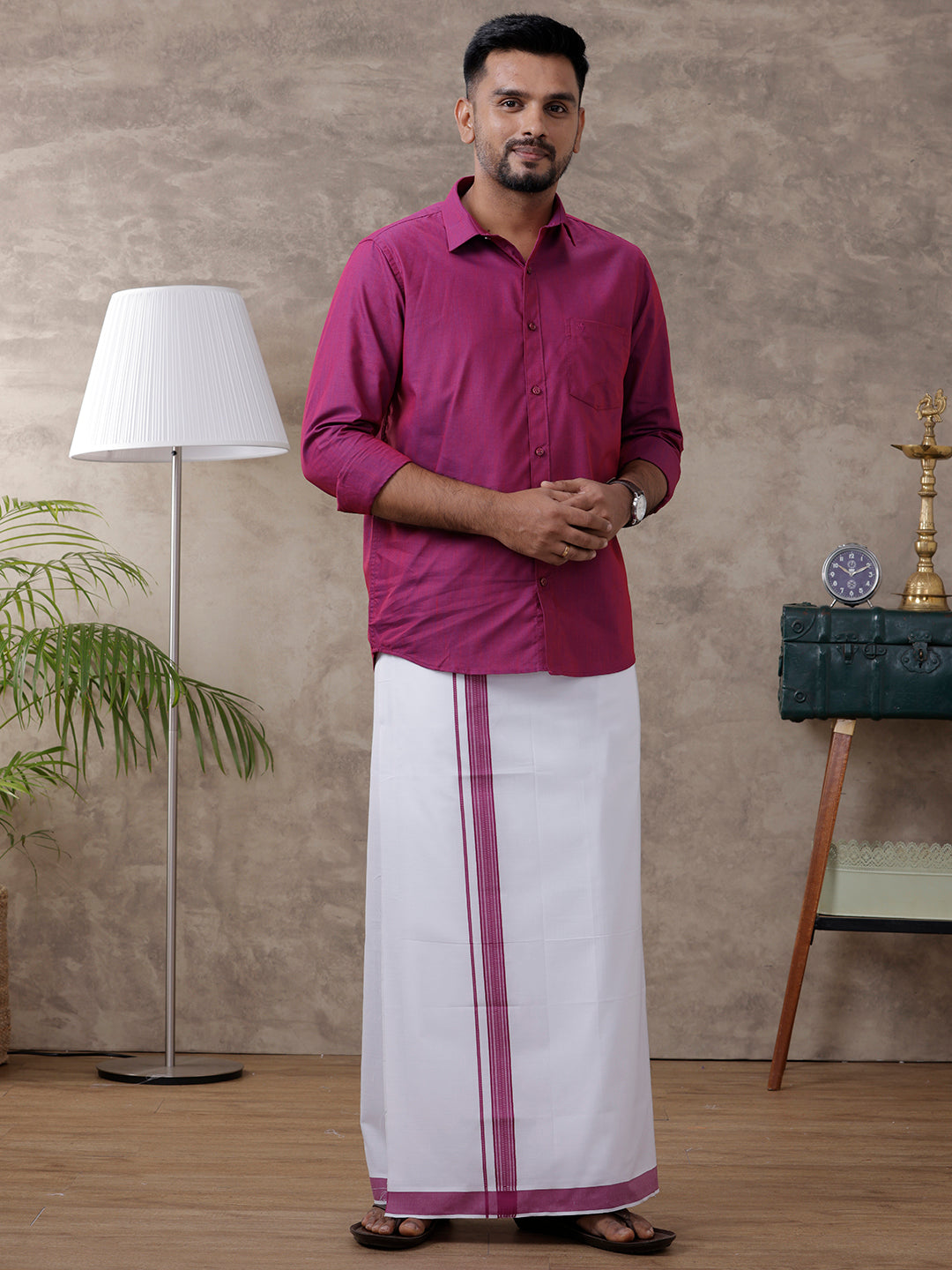 Men Magenta Matching Border Dhoti & Full Sleeves Shirt Set Evolution IC3