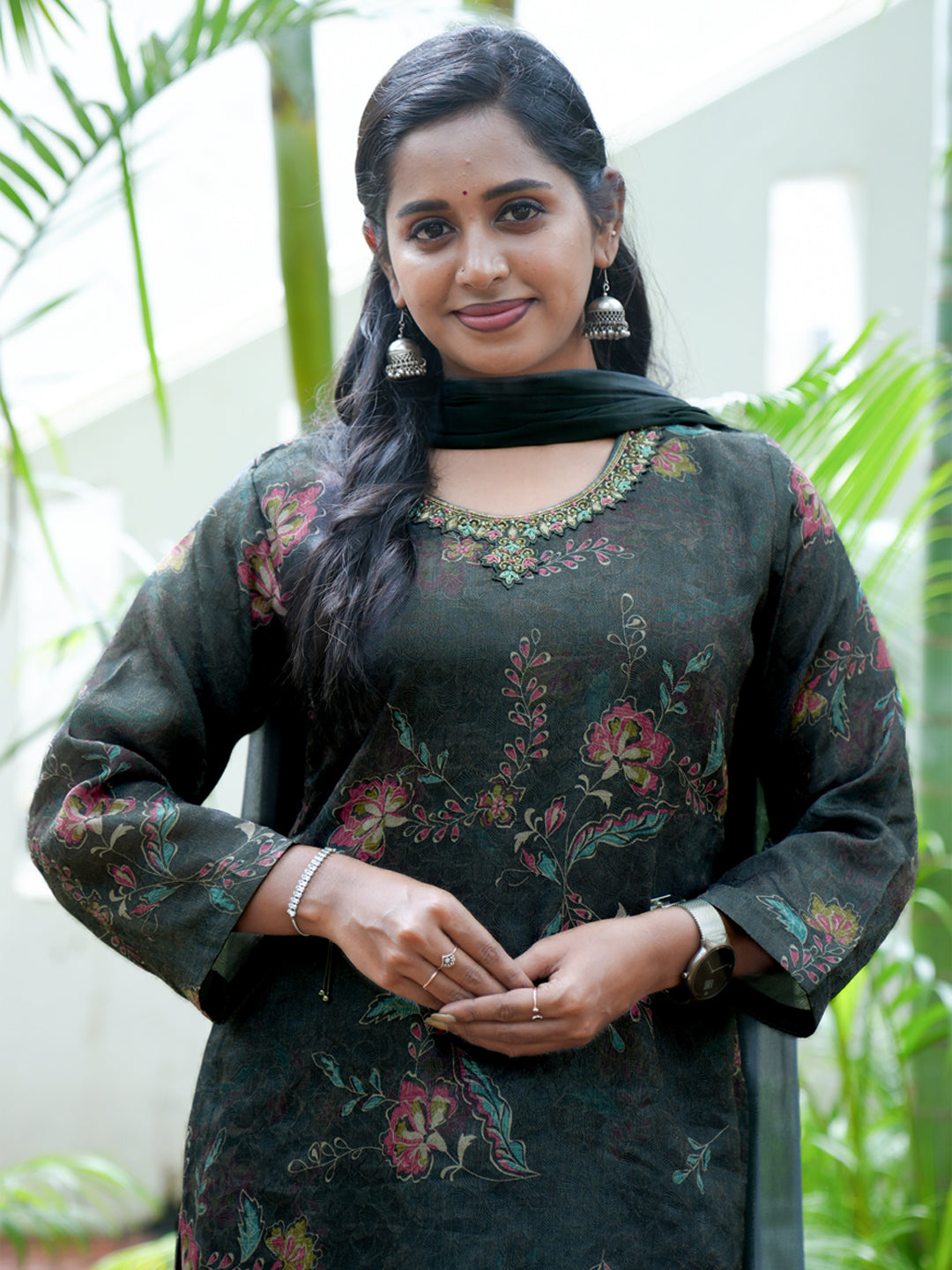 Women Greyish Green MM Silk Printed Kurti Set EKS129