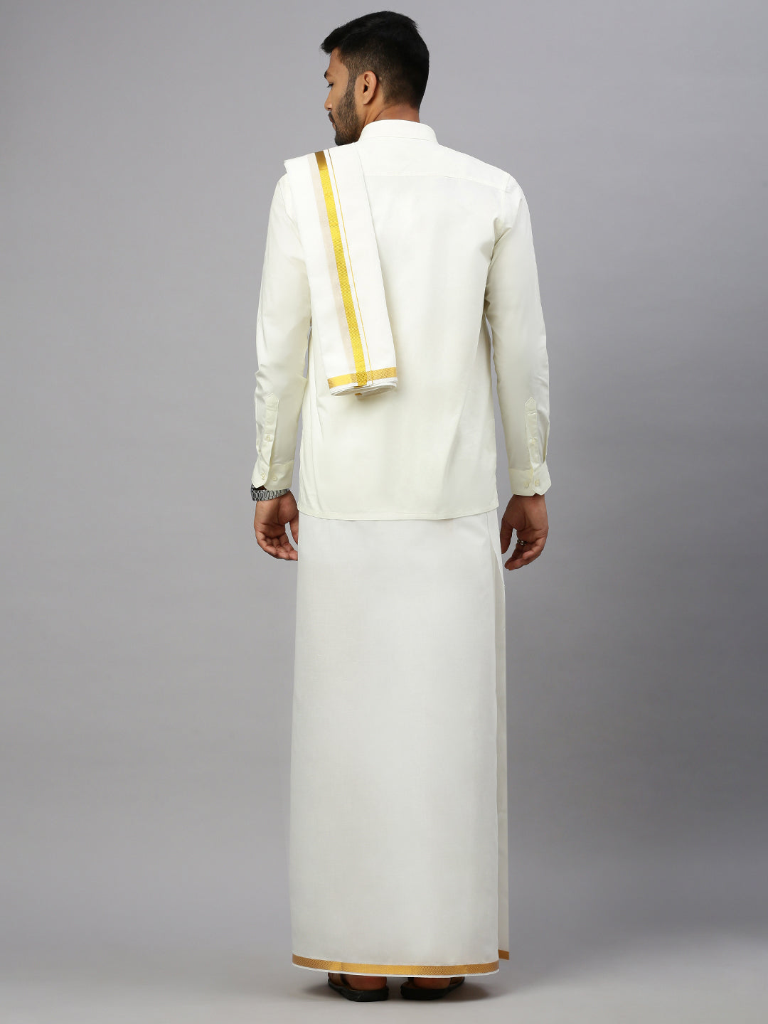 Men Cream Full Sleeves Shirt with 1/2" inch Gold Jari Double Layer Dhoti & Towel Combo