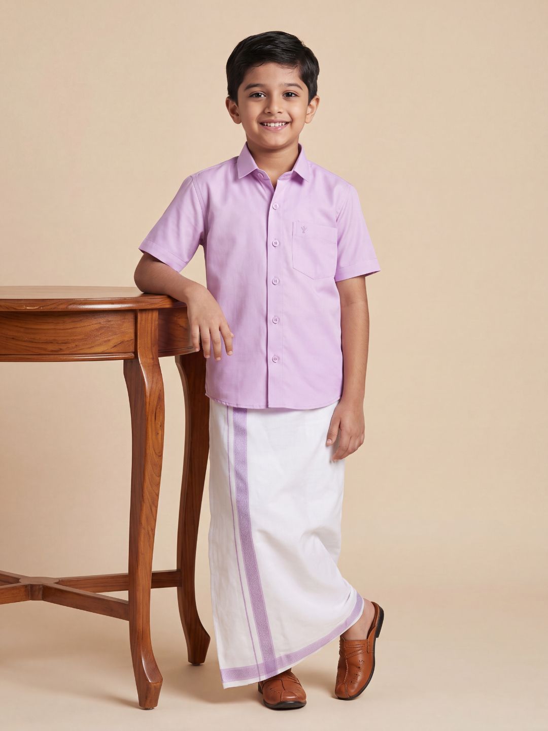 Boys 100% Cotton Lavender Shirt and Fancy Border Dhoti Set BT2