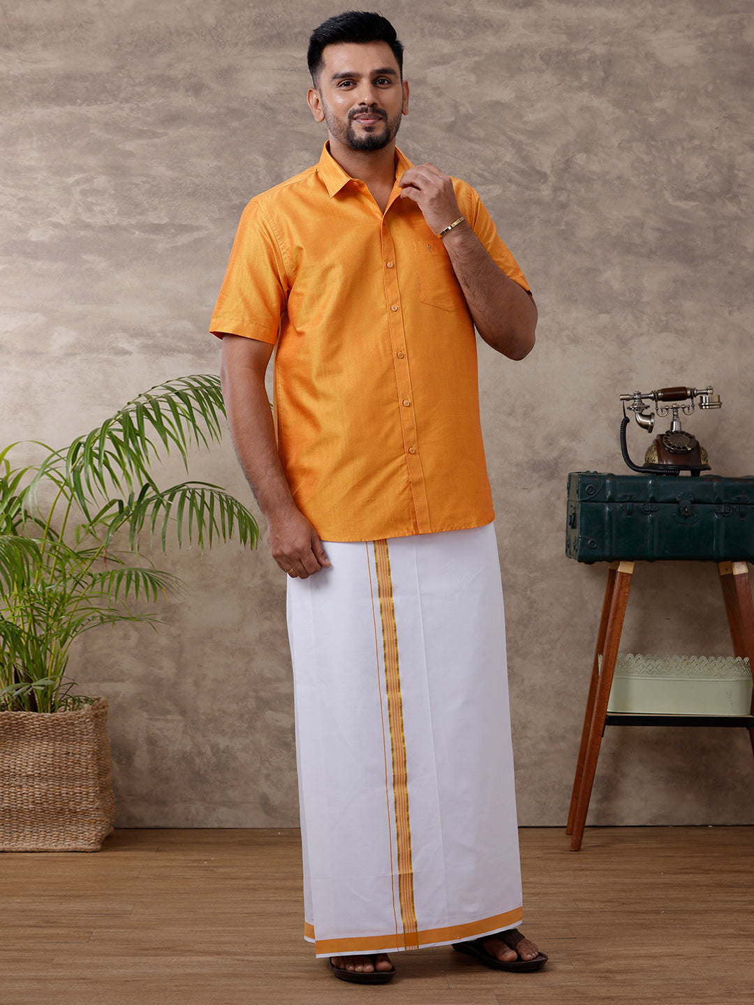 Mens Matching Jari Border Dhoti & Shirt Set Half Yellow VB2