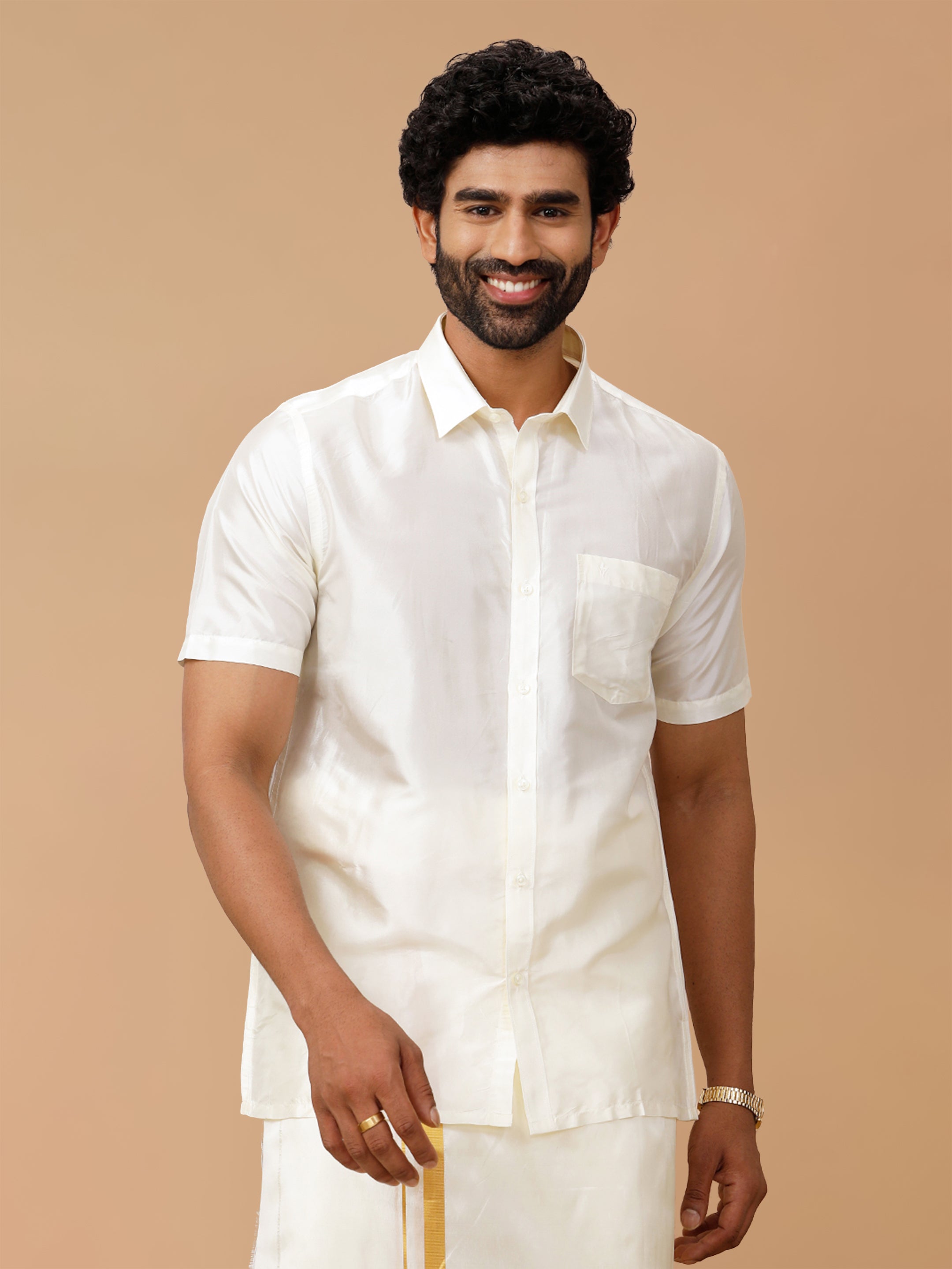 Pure Silk Cream Regular Fit Shirt
