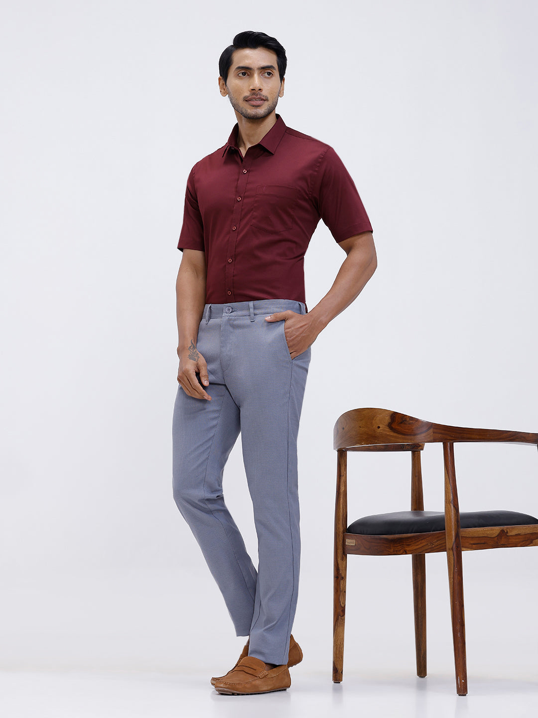 Men Cotton Blend Shirt Dark Maroon T53 ACT9